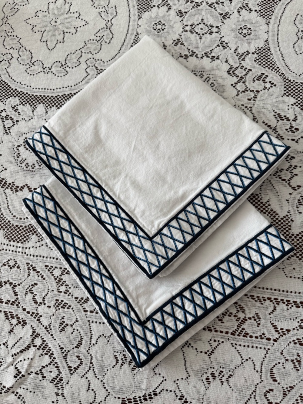 Williams Sonoma White Cotton Napkins – Navy Blue Lattice Embroidered Border EUC